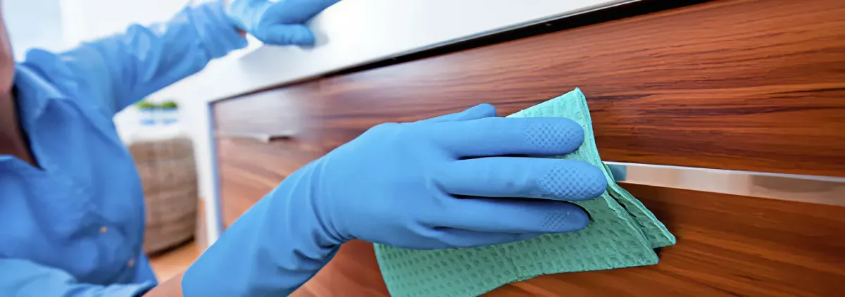 Cleaner wearing blue gloves wiping a wooden cabinet drawer with a microfiber cloth for dust and grime removal, Lakewood, CO.